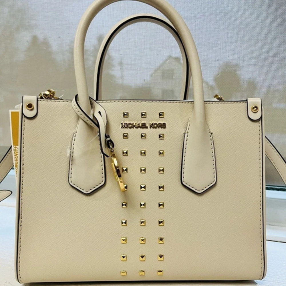 Michael Kors Maple Studded Satchel Crossbody Bag Cream Leather Gold Hardware NWT